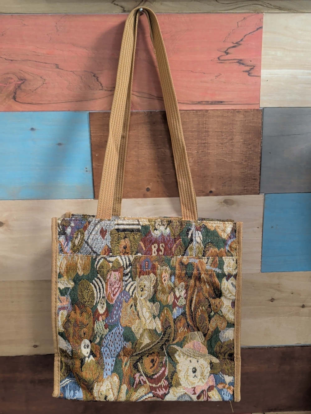 Jade Multicolored Tapestry Tote with Tan Straps
